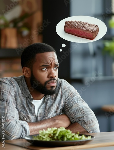 Man eating salad but wanting steak