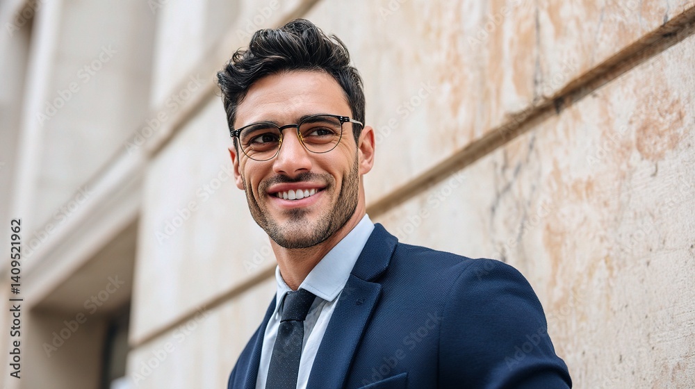 Naklejka premium Young Persian Businessman in Navy Suit with Smile Outdoors