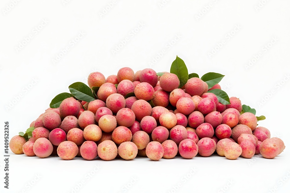 A pile of pink lychees with green leaves on the side A pile of pink lychees with green leaves on the side