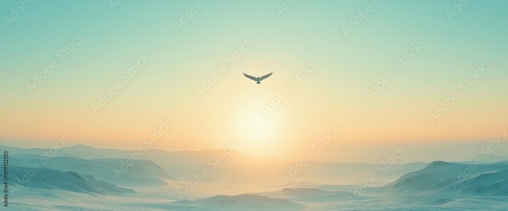 Serene sunrise over misty mountains with a lone bird in flight Serene sunrise over misty mountains with a lone bird in flight