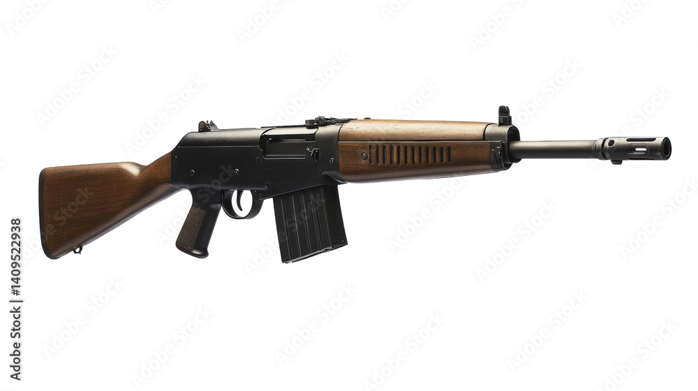 Precision and Power: Detailed studio shot of a modern assault rifle, highlighting its design and functionality, the intricate parts and powerful presence of the weapon. Precision and Power: Detailed studio shot of a modern assault rifle, highlighting its design and functionality, the intricate parts and powerful presence of the weapon.