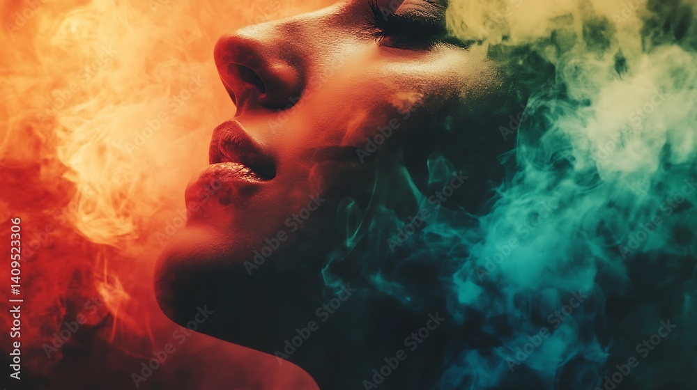Woman's Profile With Red Lips Emerging From Colorful Smoke Abstract Background