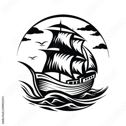 Ship Sailing on Waves, Silhouette of Tall Ship with Clouds & Birds