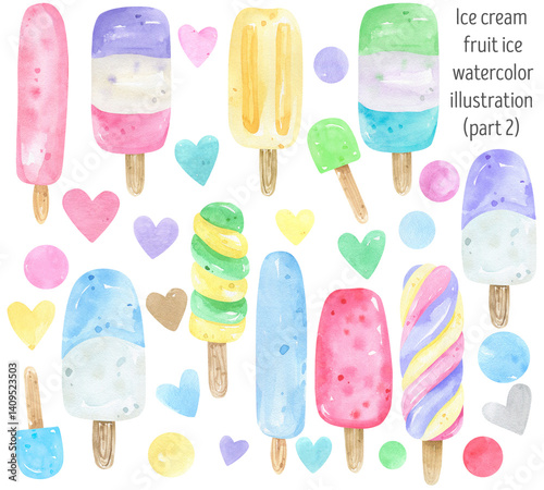 Watercolor popsicle and fruit ice cream set illustration. Collection including rainbow, striped, and fruity ice lollies.  Perfect for summer-themed designs greeting cards, party invitations