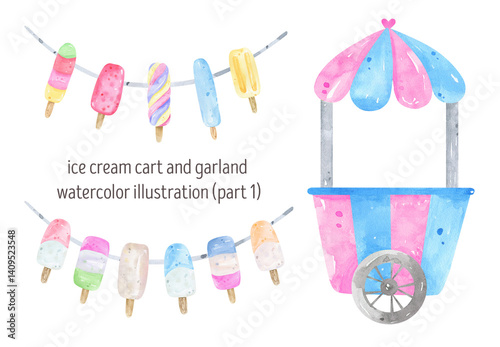 Watercolor summer illustrations ice cream cart  colorful garlands, ice cream, fruits, ice cream background. Design invitations for birthday, summer party, stationery, or festive summer graphics