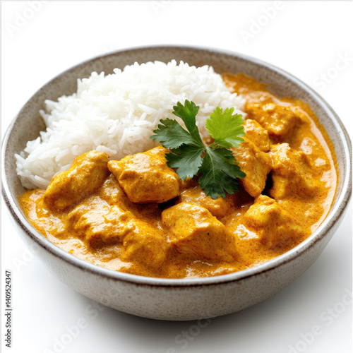 A serving of chicken korma with steamed rice