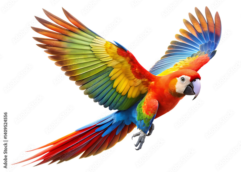 Fototapeta premium colorful flying parrot isolated on white background PNG,AI GENERATED