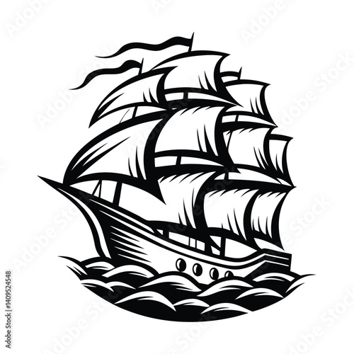 Silhouette of a Tall Ship Sailing on the Sea, Black and White Nautical