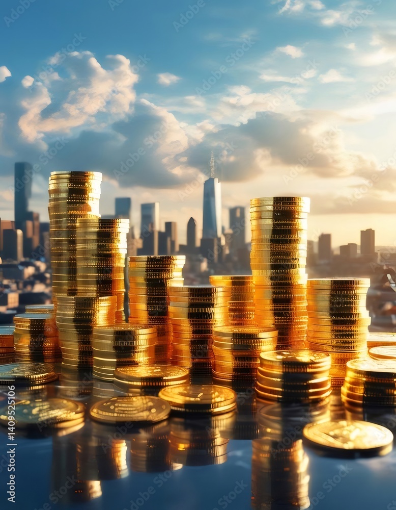積み重ねられた金貨とニューヨーク市街のスカイライン 美しい夕焼けの光と青い空 積み重ねられた金貨とニューヨーク市街のスカイライン 美しい夕焼けの光と青い空