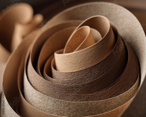 Close-up of swirling, concentric rolls of wood veneer in various earthy tones