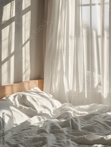 Tranquil Minimalist Bedroom: Sunlit Curtains & Cozy White Sheets - Serene Natural Light & Soft Textured Interiors for Peaceful Home Relaxation