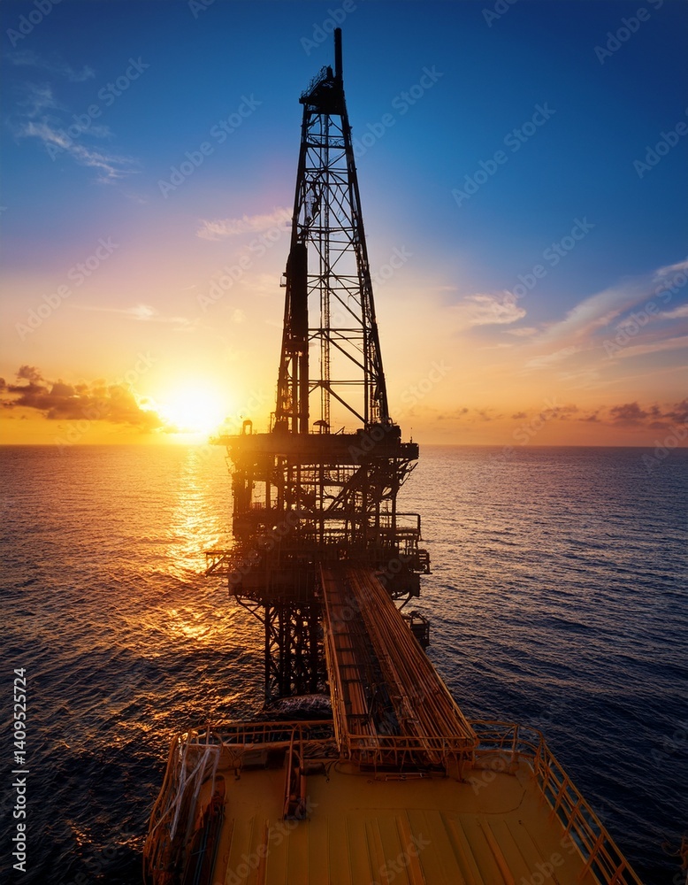 Obraz premium Silhouette of oil rigger from a far at sunset 