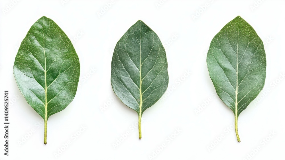 Three green leaves are displayed against a clean white background. Nature's beauty. Three green leaves are displayed against a clean white background. Nature's beauty.