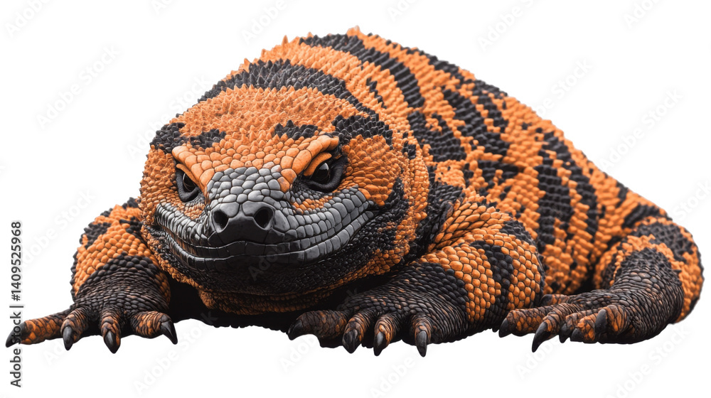 Obraz premium Gila Monster Close Up: A detailed close-up of a Gila monster, showcasing its vibrant orange and black patterned skin, beady eyes, and powerful jaws.
