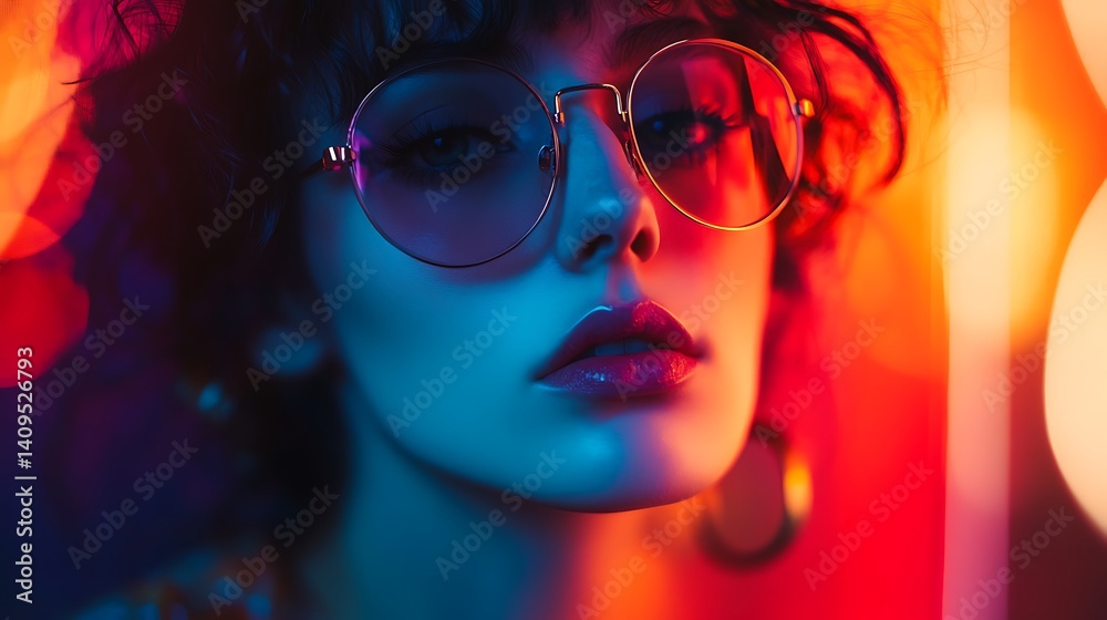 Woman with Sunglasses Posing with Red Lips Under Neon Lighting with Vibrant Colors