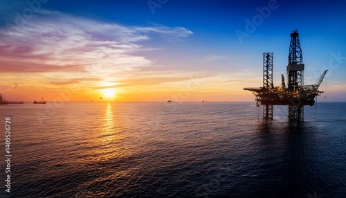 Silhouette of oil rigger from a far at sunset	