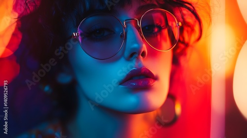Obraz na płótnie Woman with Sunglasses Posing with Red Lips Under Neon Lighting with Vibrant Colors w salonie