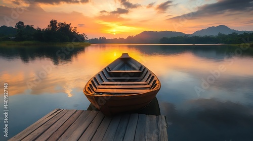 Wooden Boat on Calm Lake at Sunset Reflecting Orange Sky and Golden Light