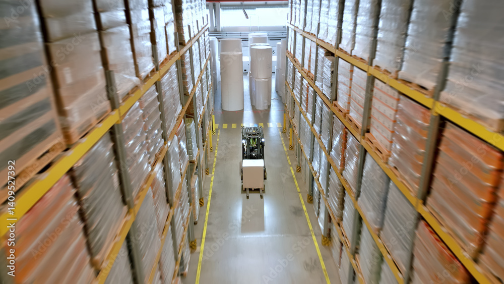 Obraz premium Aerial view of a vast warehouse with towering shelves filled with packages, highlighting the scale of global supply and logistics operations.
