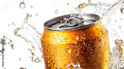 Energy drink can opened with visible fizz and droplets, isolated PNG