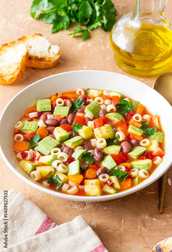 Vegetable minestrone soup. Vegetarian food. Italian cuisine. Vegetable minestrone soup. Vegetarian food. Italian cuisine.
