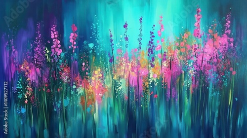 Vibrant floral display in a teal and magenta backdrop.