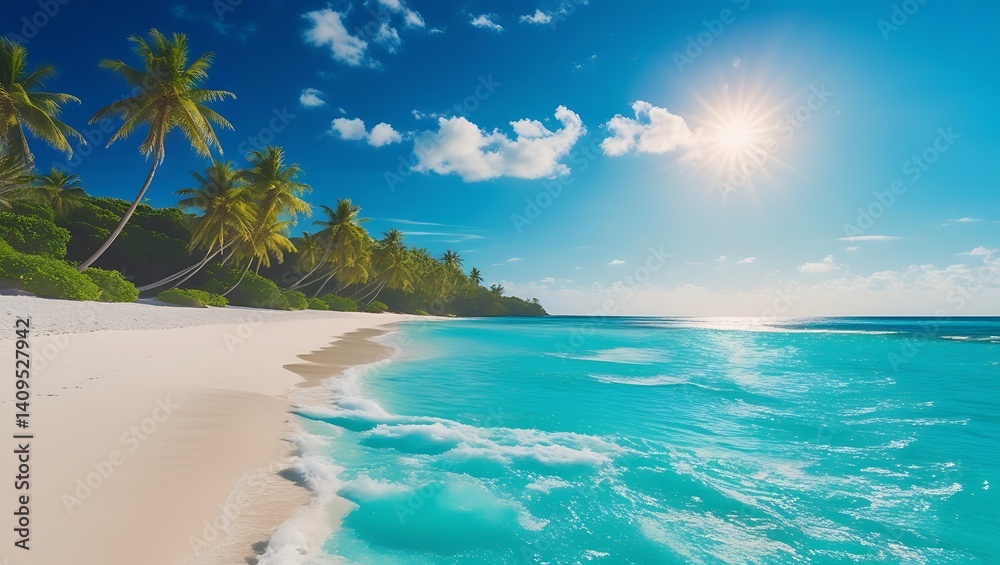 Fototapeta premium Serene tropical beach with lush palm trees and vibrant blue water, creating a picturesque coastal view