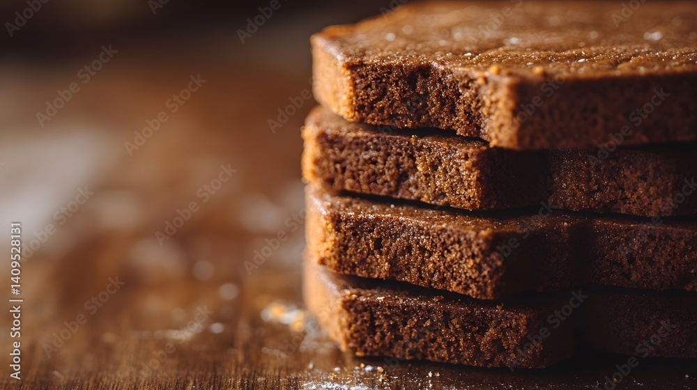 Stacked slices of moist gingerbread on wooden background.
Stacked slices of moist gingerbread on wooden background.