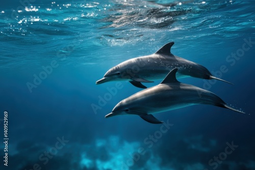 dolphins swim underwater in the sea