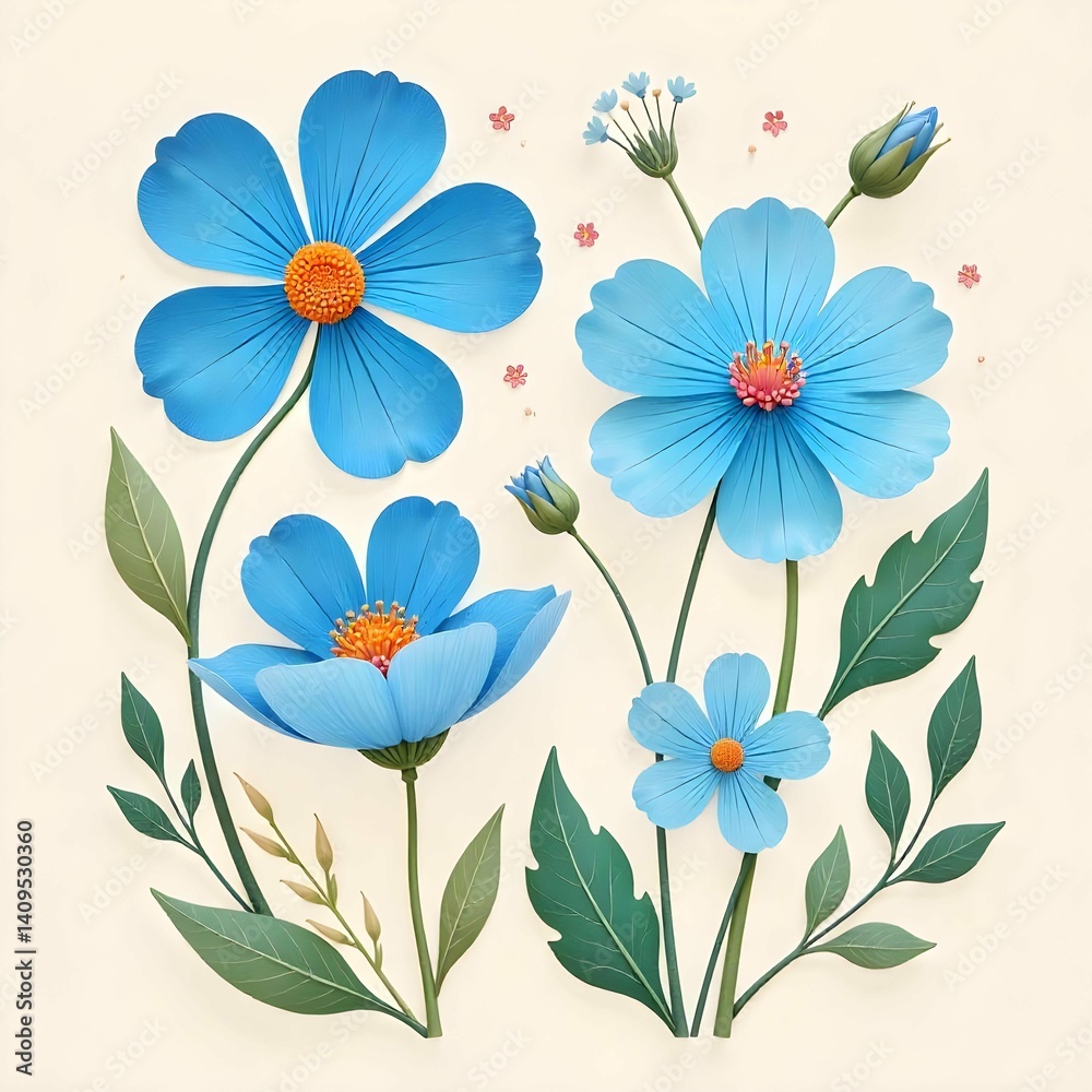 Fototapeta premium Stylized Floral Illustration Vibrant Blue Flowers with Orange Centers and Whimsical Spring Design