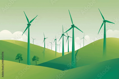 Windmill turbines generating green energy electric.Green energy helps reduce carbon emissions and makes earth cleaner and more ecological.