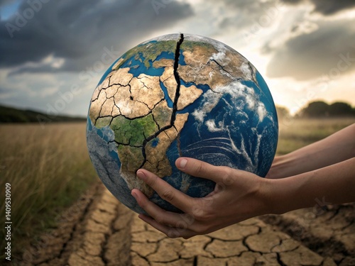 Hands holding cracked Earth model on dry land symbolizing global warming and environmental crisis
