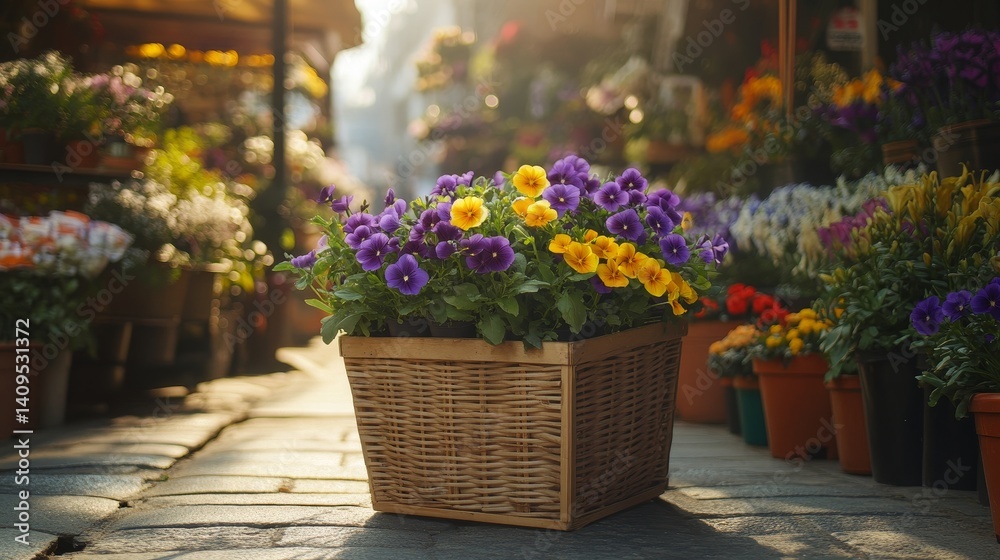 Fototapeta premium The sidewalk is decorated with an array of flowers in colorful baskets, generating a lively and welcoming environment