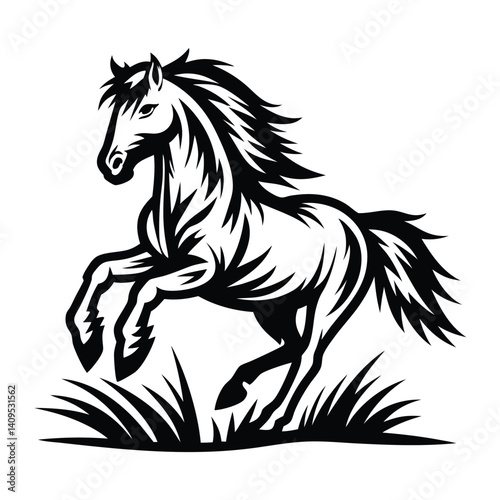 Black Stallion Prancing in Grass, Monochromatic Horse Silhouette, Dynamic and Elegant Design