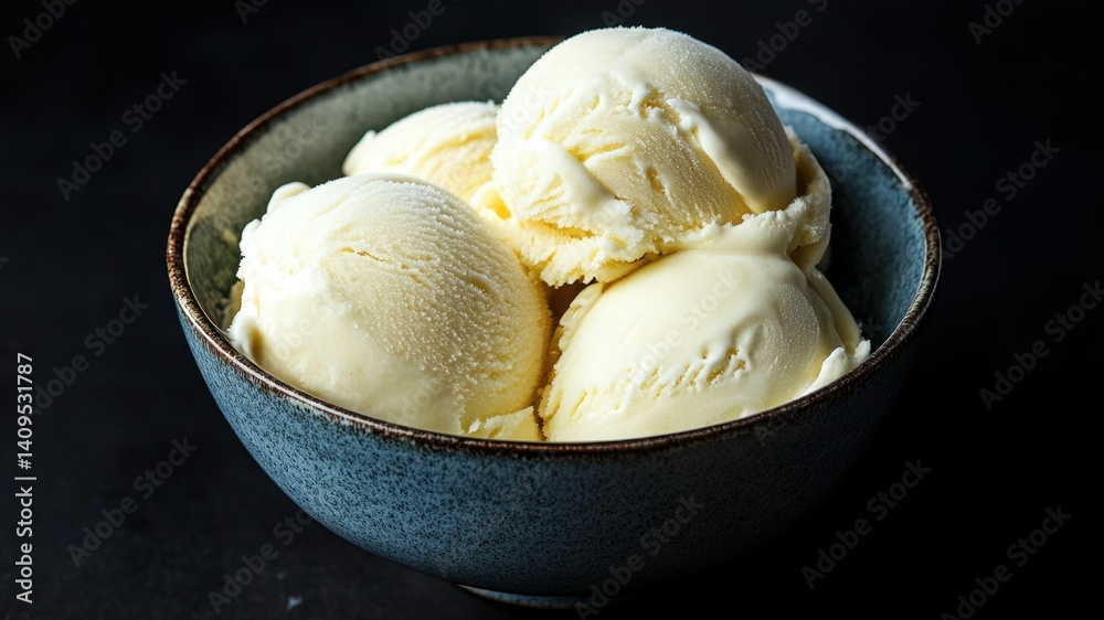 Delicious vanilla ice cream scoops in a blue ceramic bowl on dark backdrop. Delicious vanilla ice cream scoops in a blue ceramic bowl on dark backdrop.