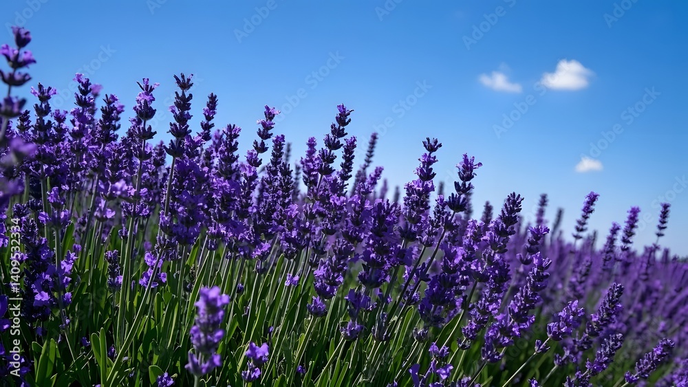 Naklejka premium A field of blooming lavender under a bright blue sky, gentle breeze causing the flowers to sway, soft natural lighting, vibrant purple tones, wide shot capturing the expanse.