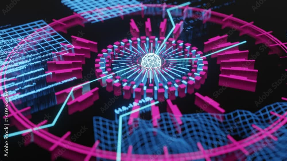 3D Animation.Futuristic digital interface. Abstract tech UI elements, modern sci-fi tech geometric shapes and frames, futuristic HUD techno panel, virtual info display .