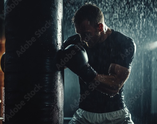 A man punches a punching bag in a dimly lit gym. Drops of water cover his skin and sweat drips from his face. He wears a black T-shirt and white shorts, and his expression is determined.