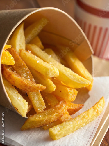 Golden crispy french fries in paper container ready to eat as popular fast food snack concept
