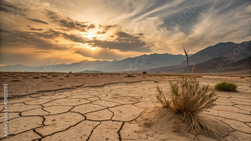 Dry land and cracked ground. Desert, Global warming background climate change and extreme weather conditions