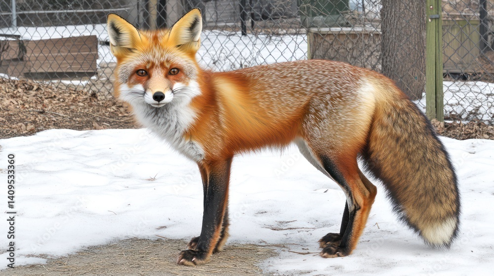 Obraz premium Red fox stands alert in snowy enclosure.