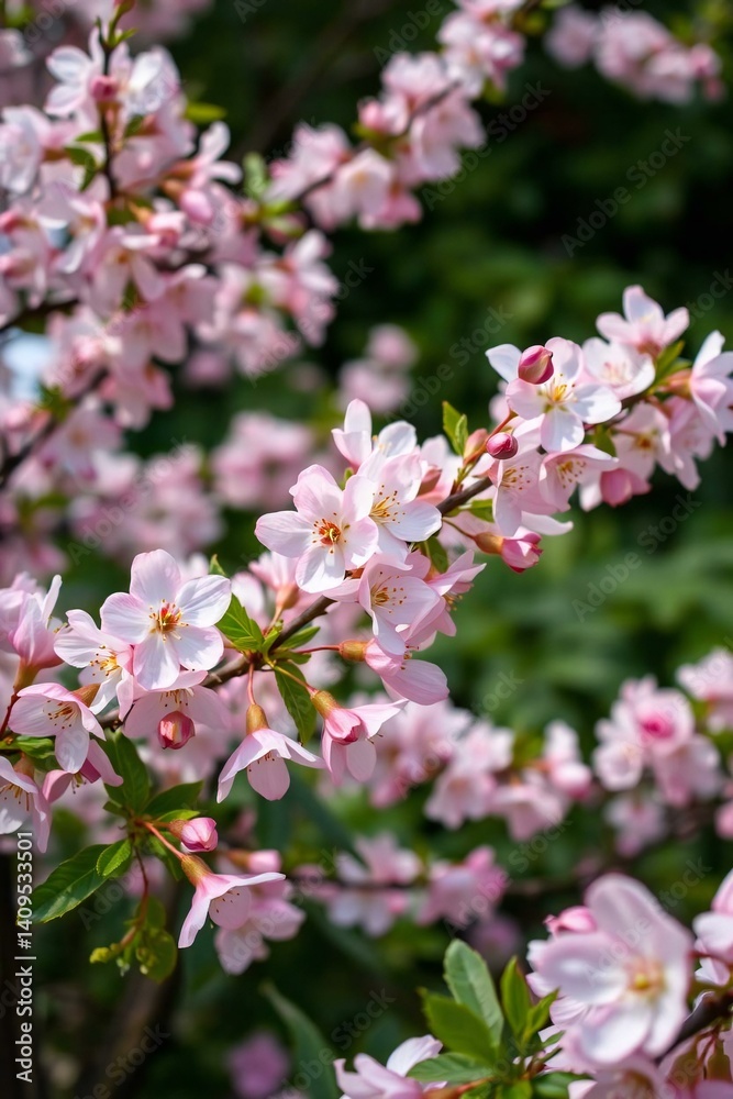 High-resolution stock photo of a spring garden with delicate cherry blossoms, soft pink petals, and lush greenery High-resolution stock photo of a spring garden with delicate cherry blossoms, soft pink petals, and lush greenery