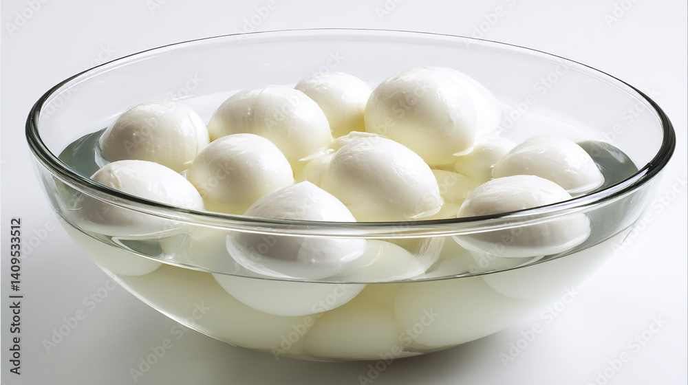 Fresh mozzarella balls in brine in a clean bowl