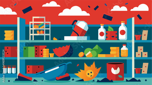 The few remaining items on the shelves are all picked over and damaged evidence of the desperation and panic that has swept through the community.. Vector illustration
