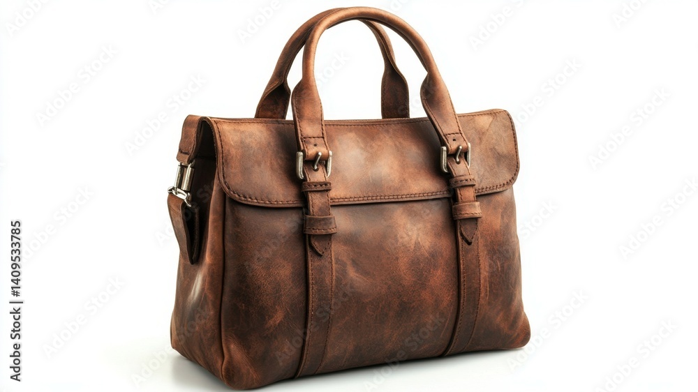 Stylish, brown leather satchel with buckle straps on a white background. Stylish, brown leather satchel with buckle straps on a white background.
