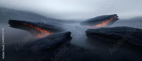 Misty Alien Landscape with Molten Rocks