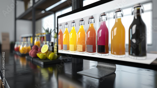 Colorful Juice Bottles Displayed on Monitor in Modern Kitchen – Digital Beverage Branding Concept