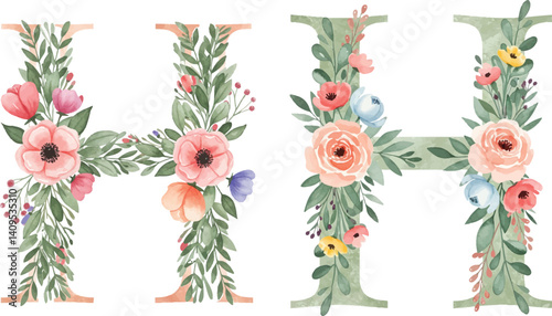 watercolor Floral letter H for your design