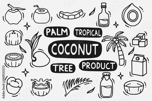 set of coconut doodle good for background, wallpaper, icon, element design, etc