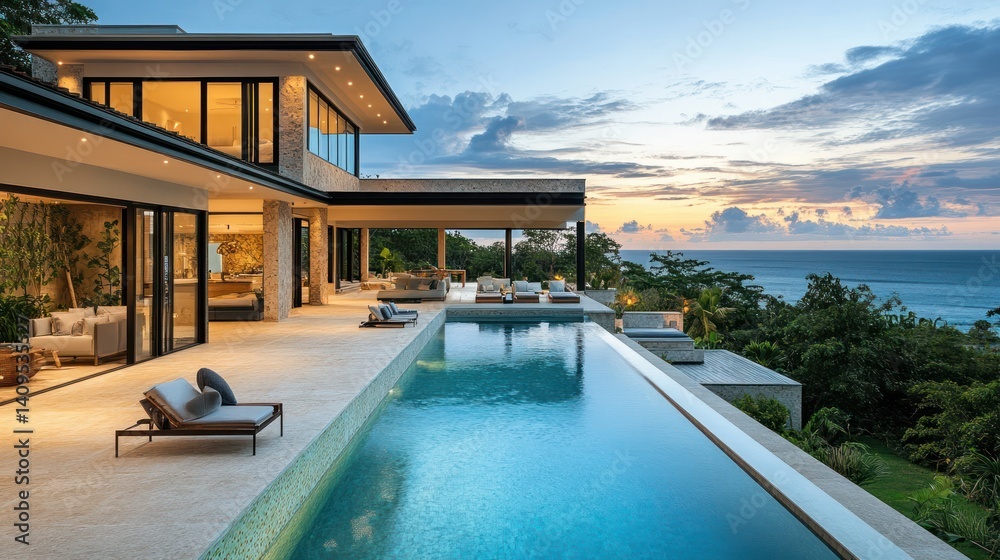 Fototapeta premium Tropical luxury villa with infinity pool overlooking the ocean at sunset